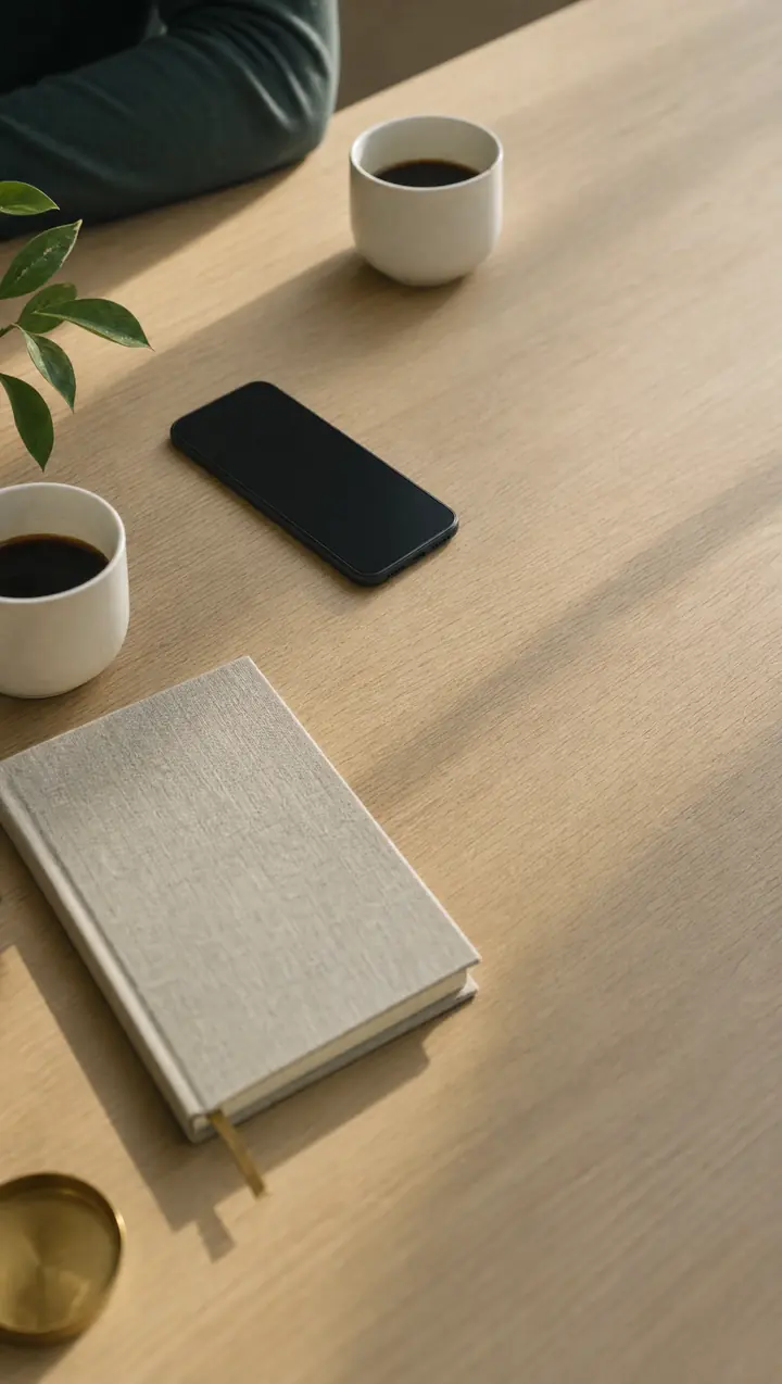Un téléphone posé à plat sur une table de rendez-vous, deux tasses, lumière douce.