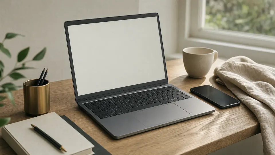 Un ordinateur portable ouvert sur un bureau, un téléphone à côté.